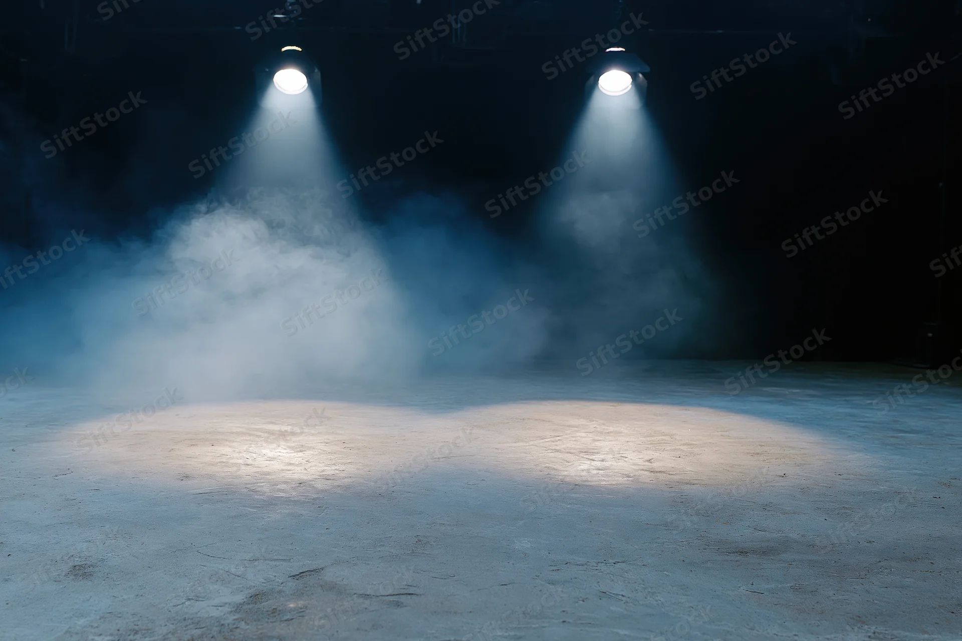 Two spotlights casting beams of light through smoke on an empty stage floor