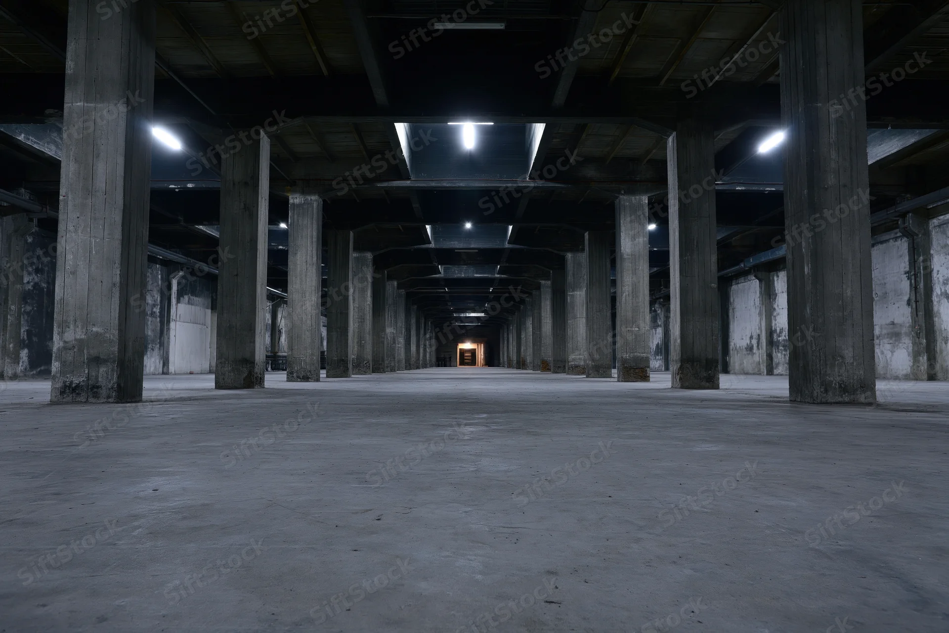 Empty industrial warehouse interior with concrete pillars and fluorescent lighting stretching into the distance