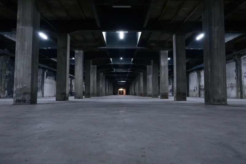 Empty industrial warehouse interior with concrete pillars and fluorescent lighting stretching into the distance