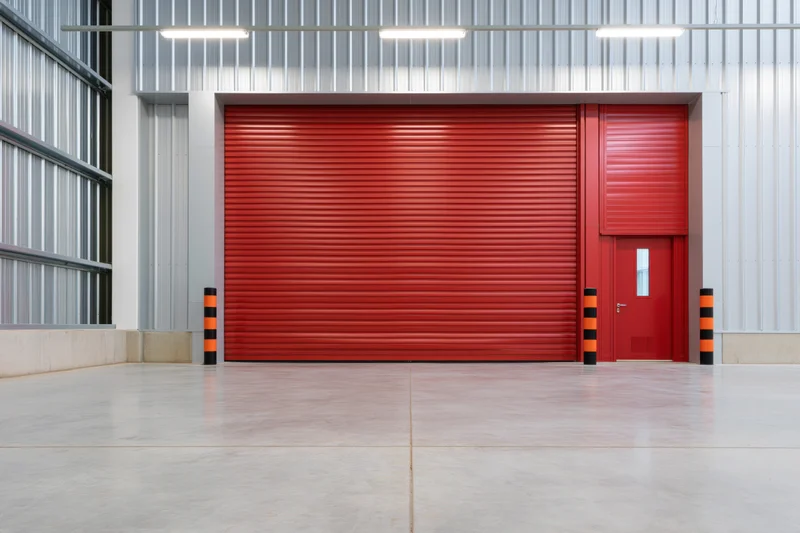 Empty industrial warehouse interior with large red roller shutter door and concrete floor