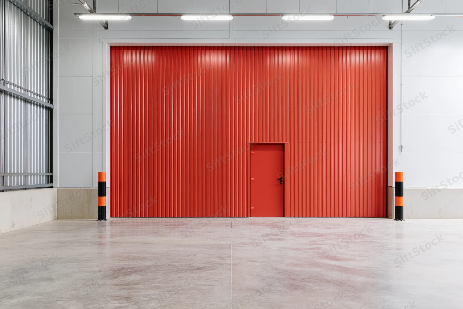 Empty industrial warehouse interior with large red corrugated metal door and concrete floor