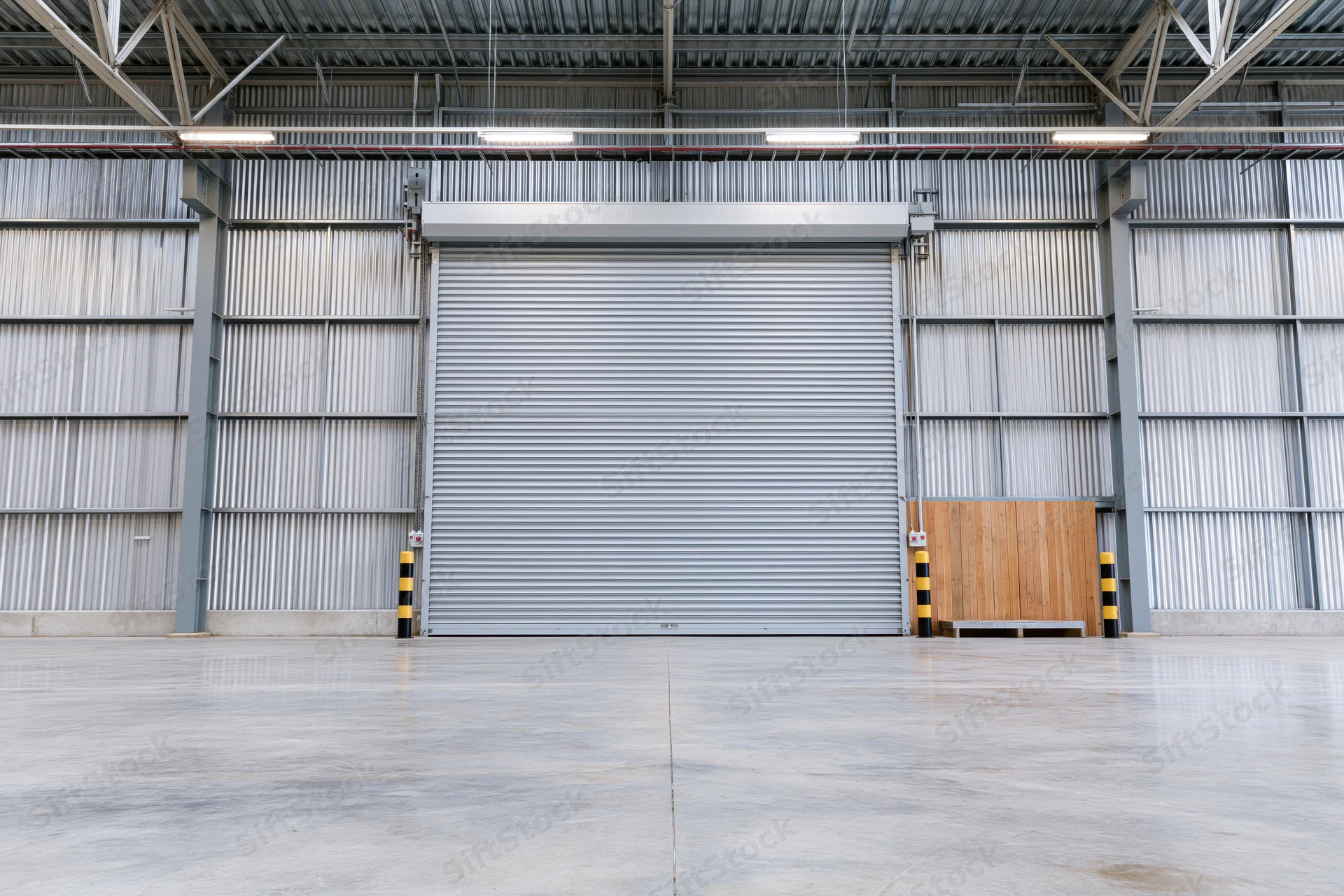 Empty industrial warehouse interior with closed metal roller door and concrete floor