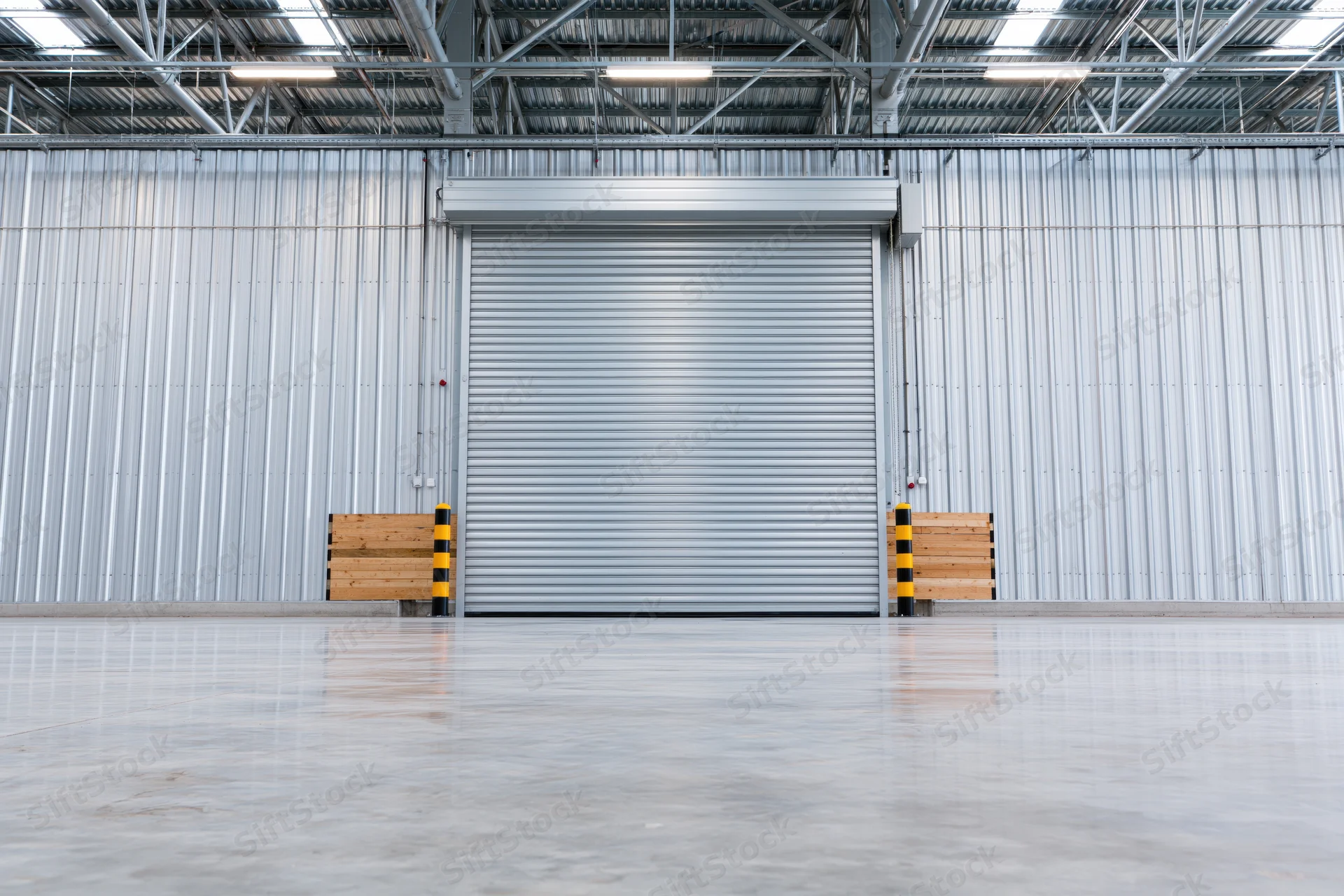 Empty industrial warehouse interior with closed metal roller shutter door