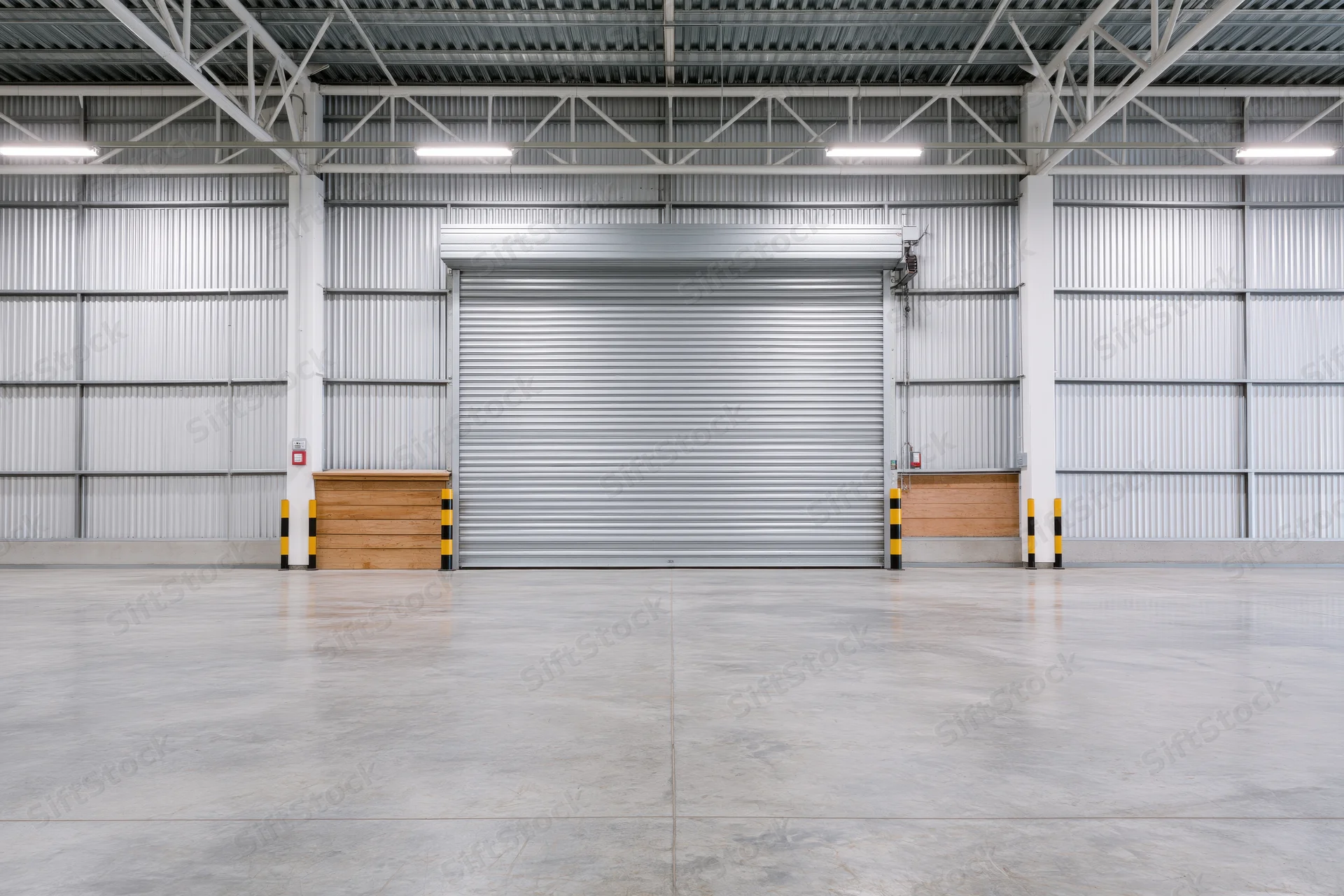 Empty industrial warehouse interior with closed metal roller shutter door and concrete floor