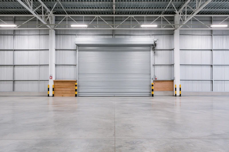 Empty industrial warehouse interior with closed metal roller shutter door and concrete floor