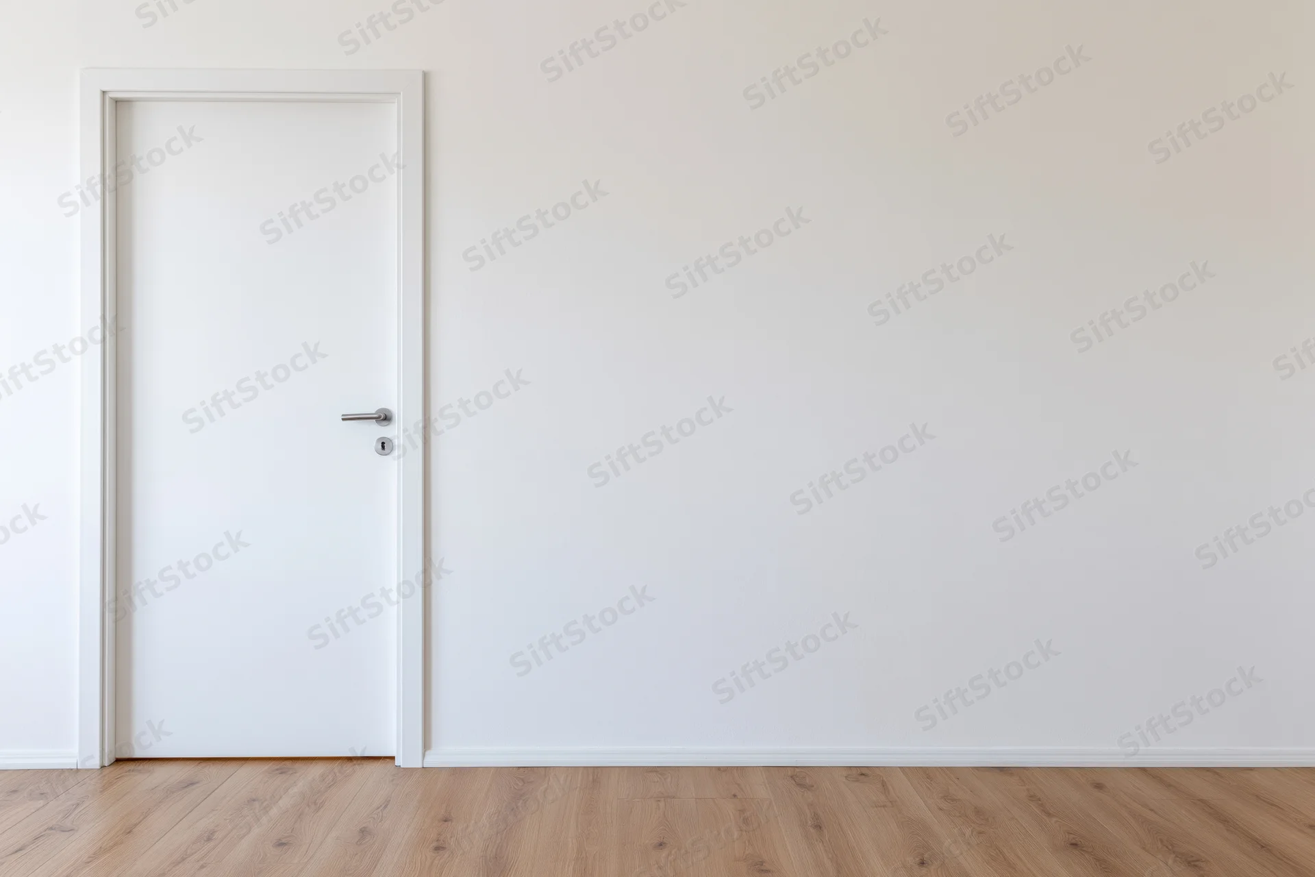 Empty interior room with a single closed white door on a light wood floor