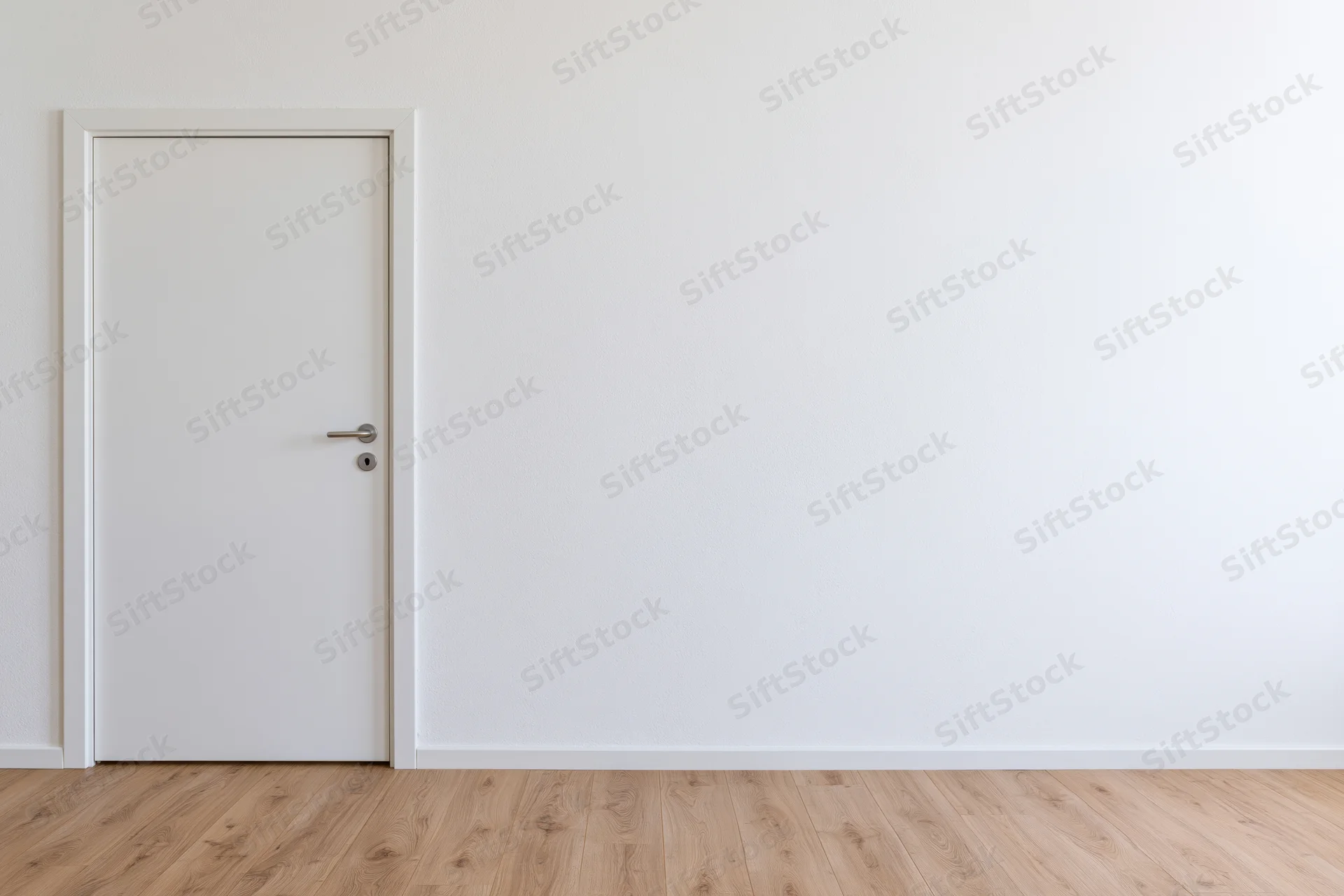 Empty interior room with a single closed white door on a wooden floor