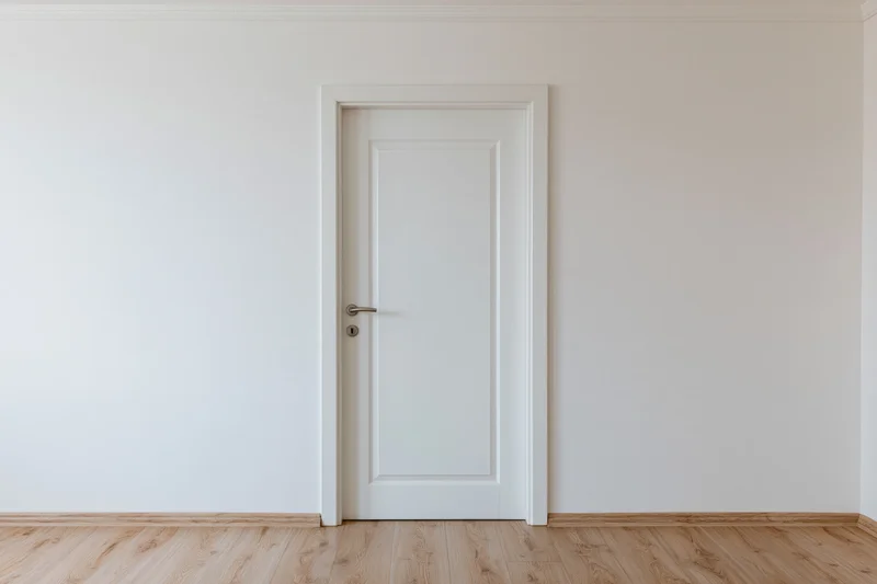 White closed door centered in an empty room with light wood flooring and plain walls
