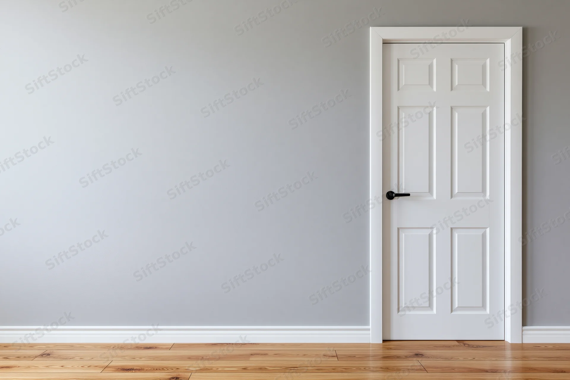 White panel door in empty room with hardwood flooring and gray walls