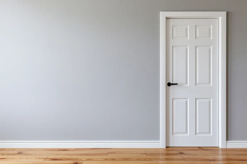 White panel door in empty room with hardwood flooring and gray walls