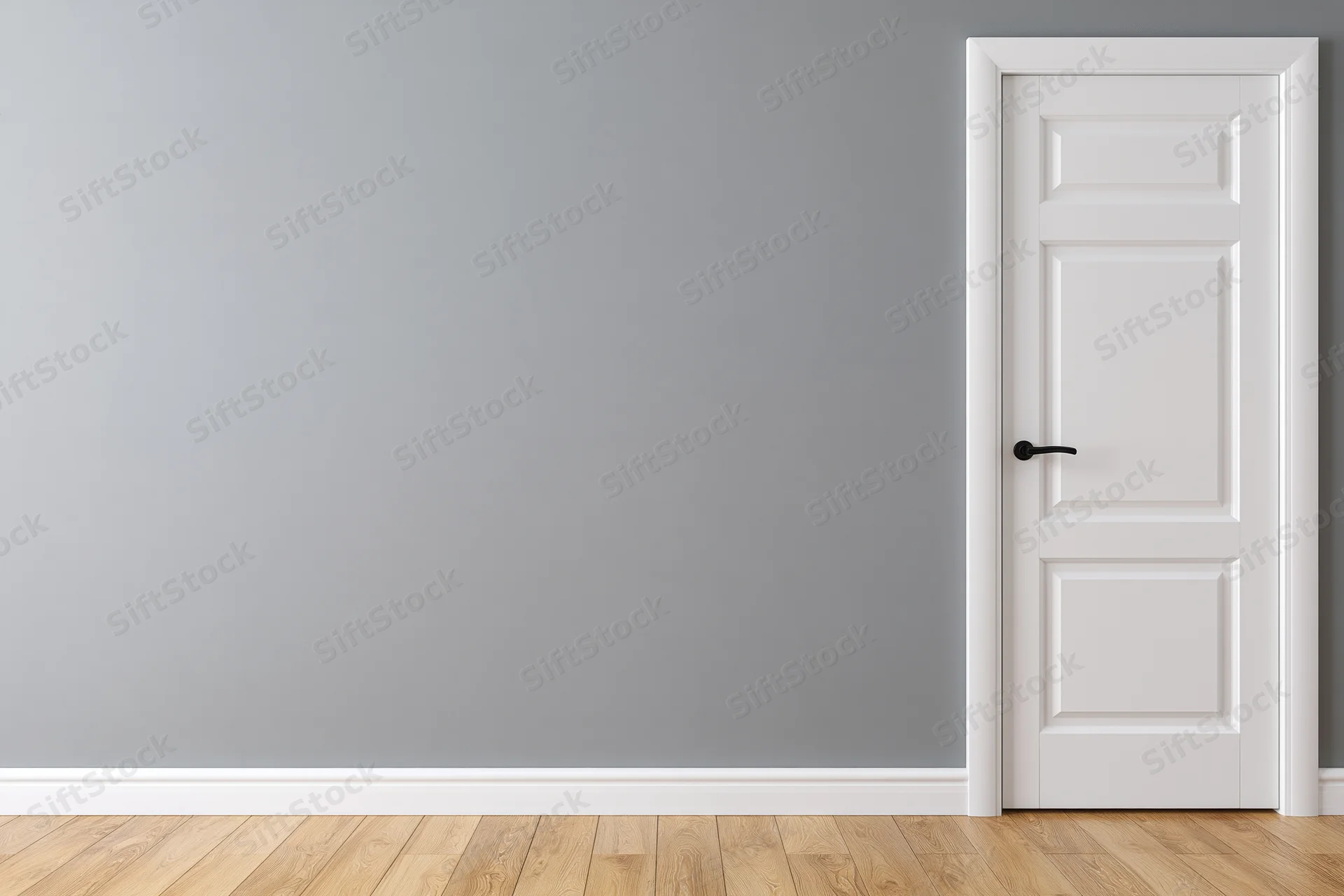 White three-panel door on gray wall in empty room with wooden floor