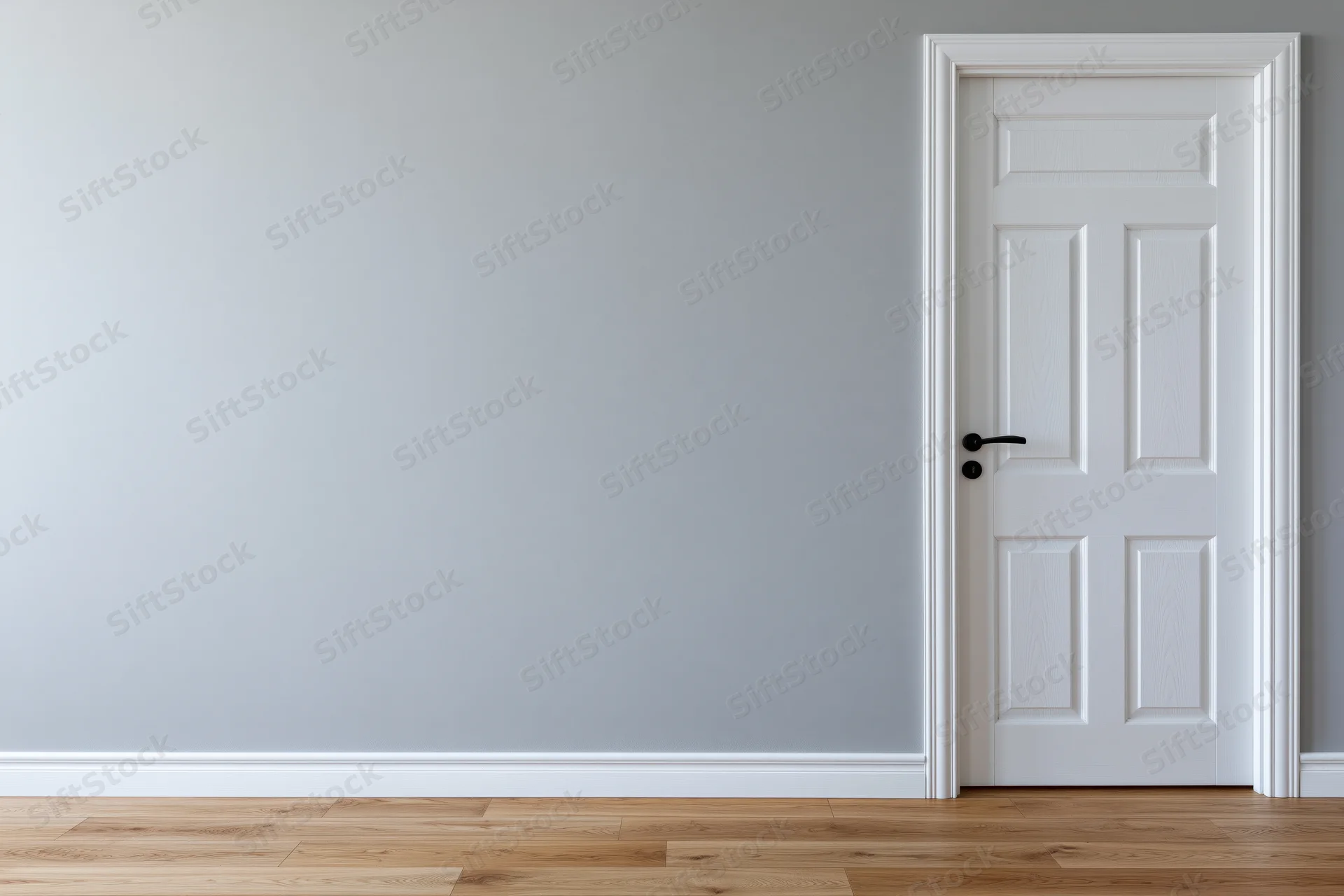 White panel door closed on gray wall in empty room with wood flooring