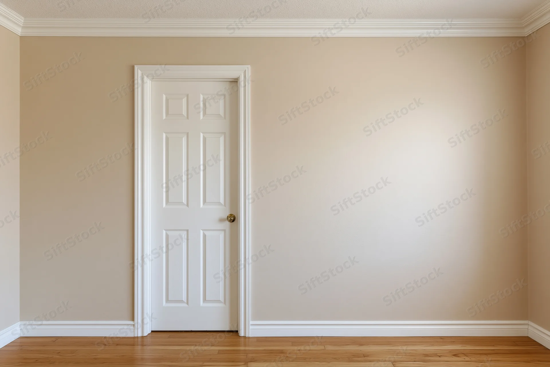Empty residential room with white six-panel door and hardwood flooring