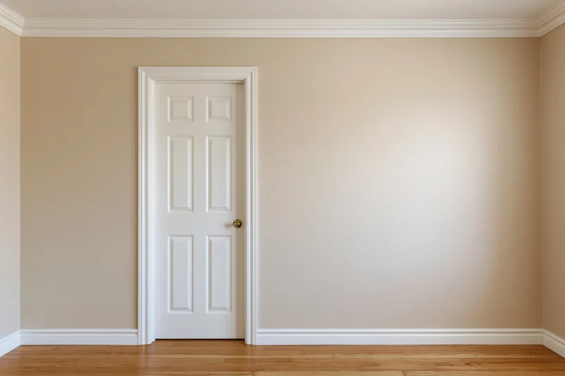 Empty residential room with white six-panel door and hardwood flooring