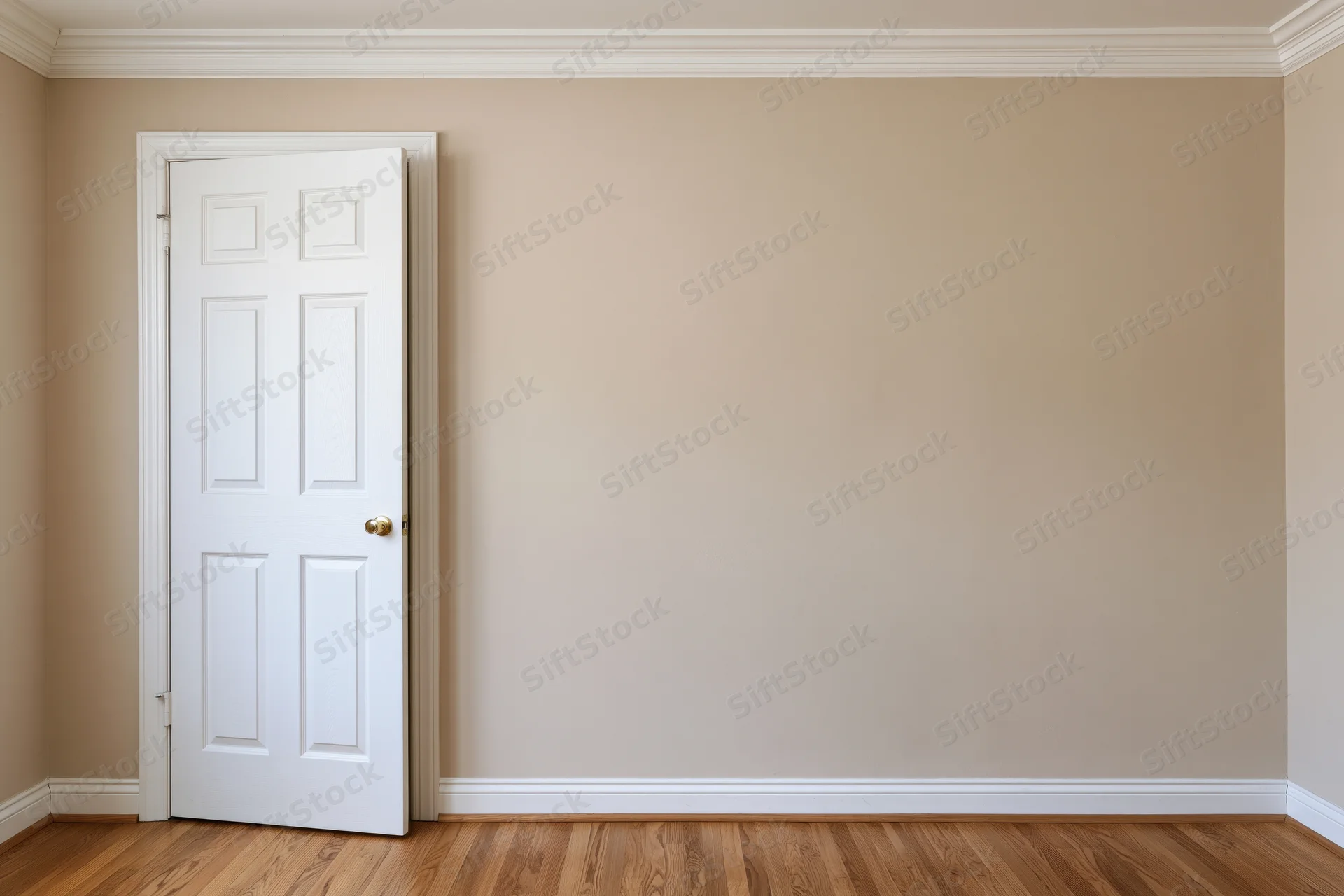 Empty residential room with white six-panel door and hardwood flooring