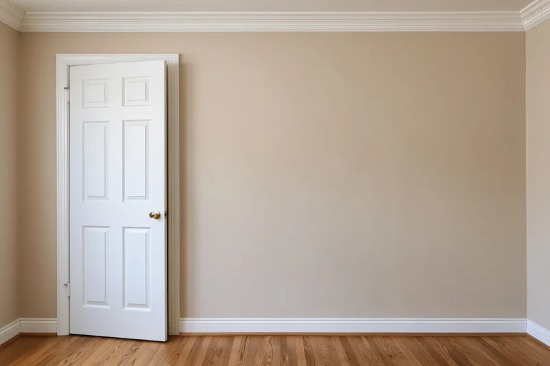 Empty residential room with white six-panel door and hardwood flooring