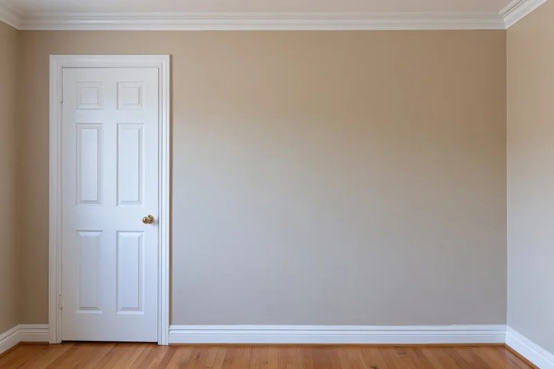 Empty residential room with white six-panel door and hardwood flooring