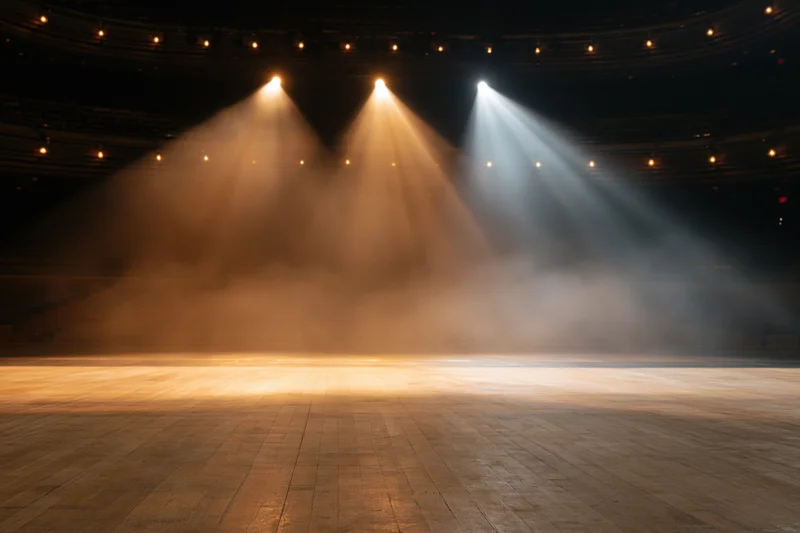 Empty theater stage with spotlights and haze over polished hardwood floor