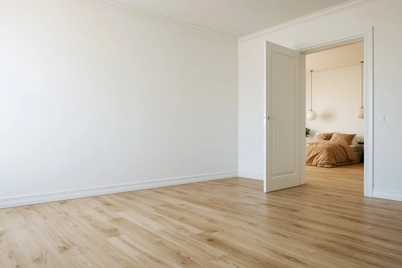 Empty white-walled room with light oak hardwood floor and open door to bedroom