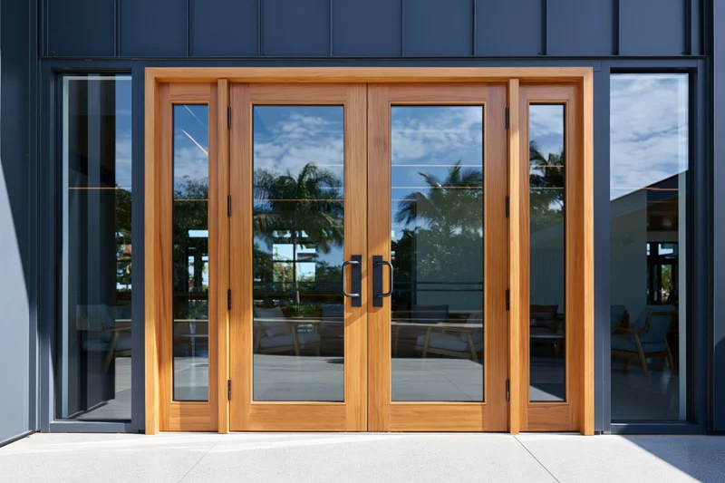 Modern building entrance with double glass doors and wooden frame reflecting palm trees and sky