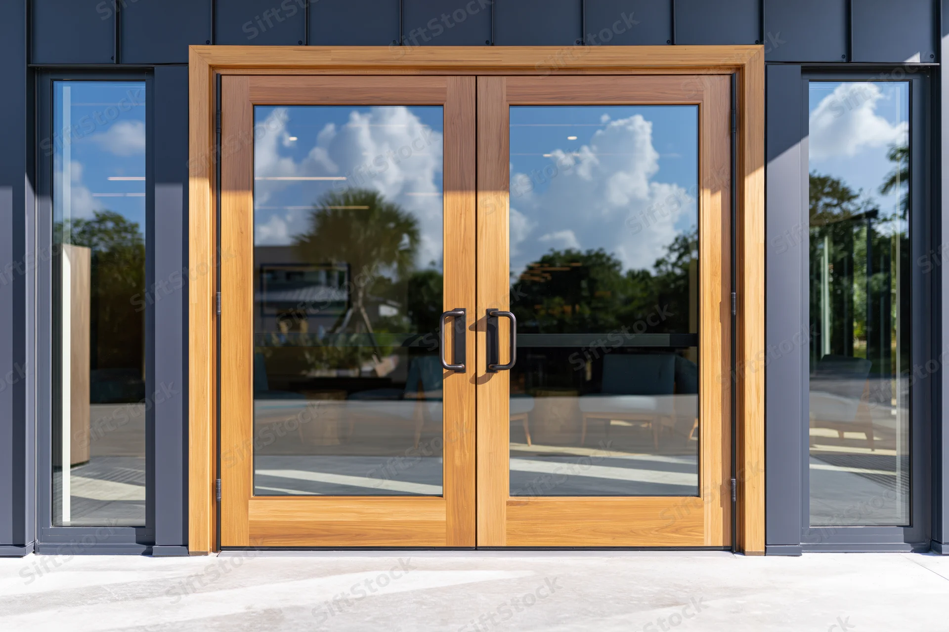 Double glass doors with wood frame on modern building entrance