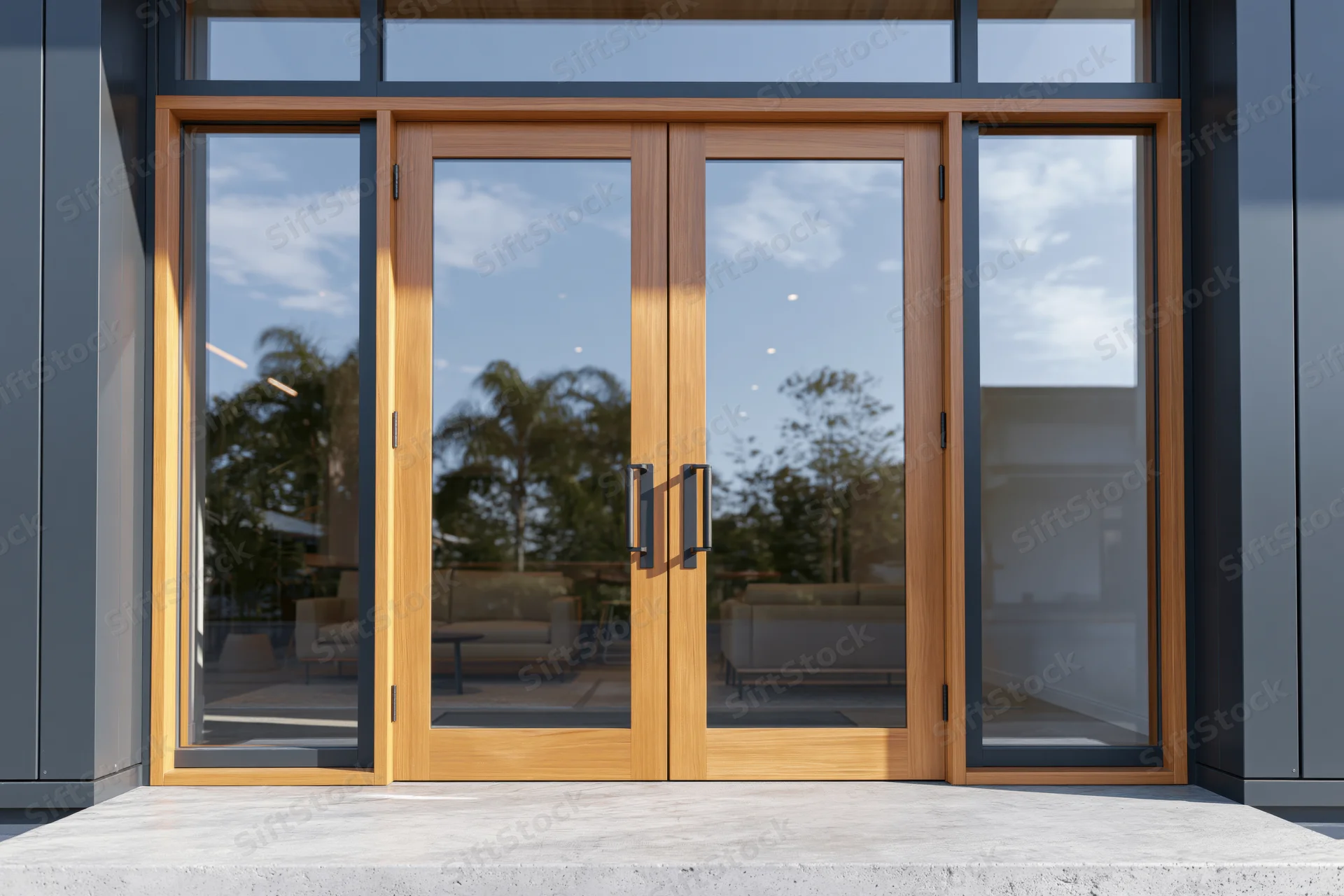 Modern building entrance with double glass doors framed in wood, reflecting palm trees and sky, viewed from outside with interior living space visible through the glass