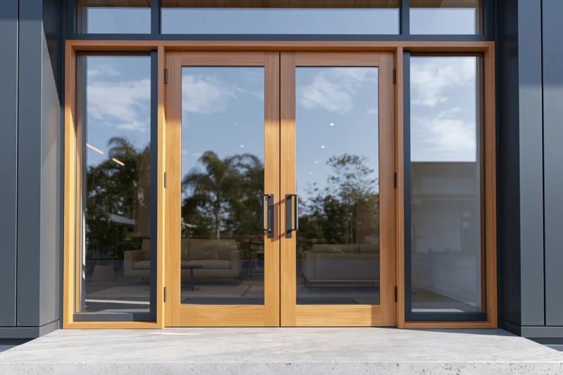 Modern building entrance with double glass doors framed in wood, reflecting palm trees and sky, viewed from outside with interior living space visible through the glass