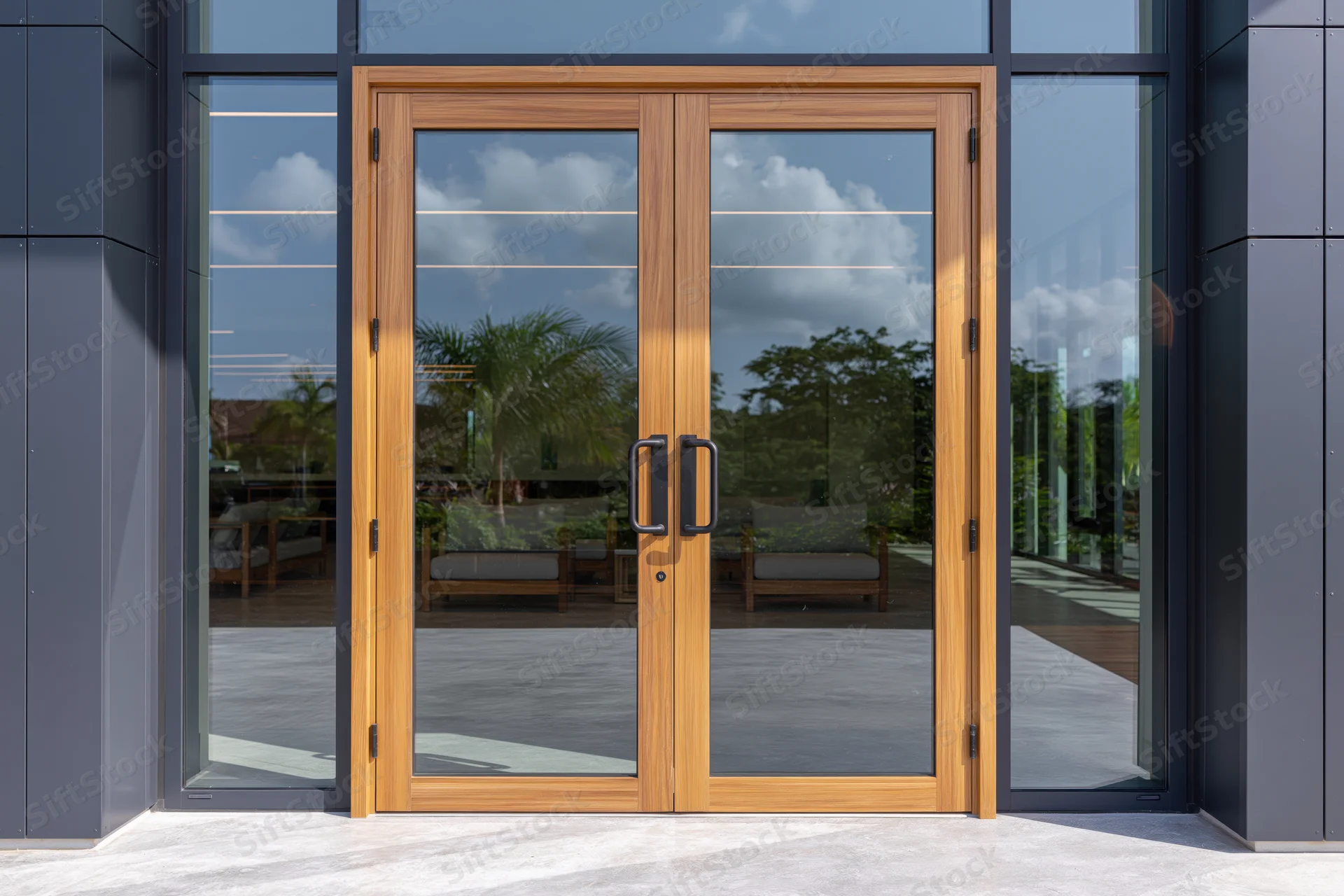Modern building entrance with double glass doors framed in wood, reflecting sky and outdoor seating area
