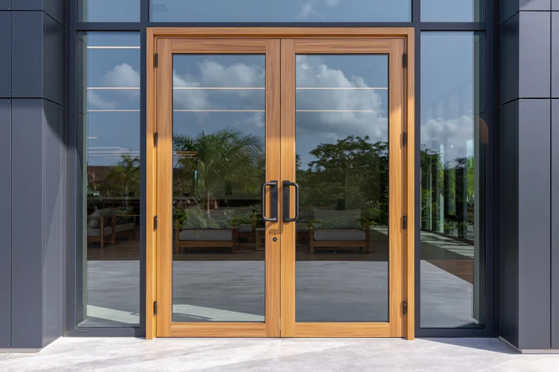 Modern building entrance with double glass doors framed in wood, reflecting sky and outdoor seating area