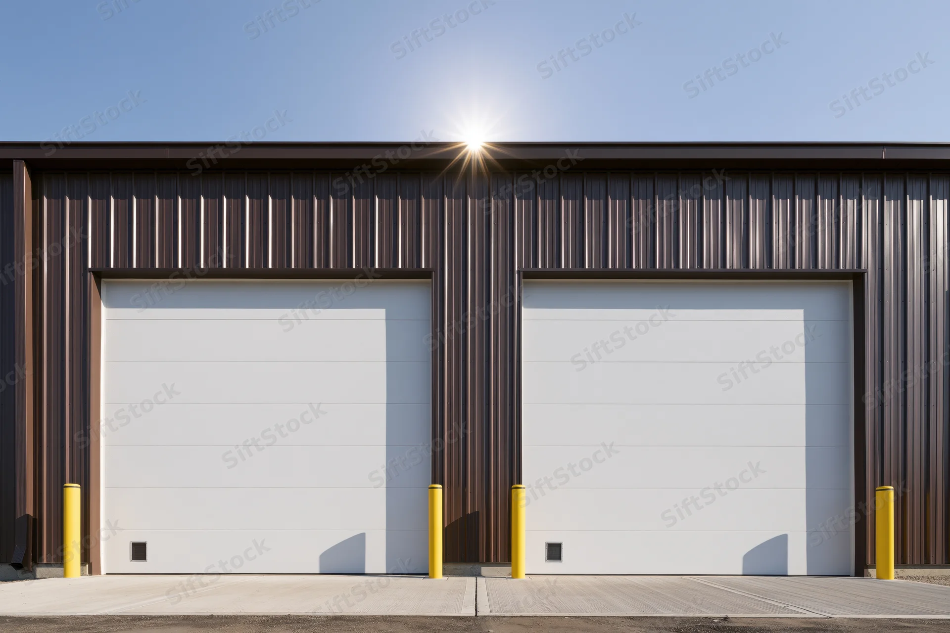 Exterior facade of a commercial industrial building with two white garage doors and yellow bollards under bright sun