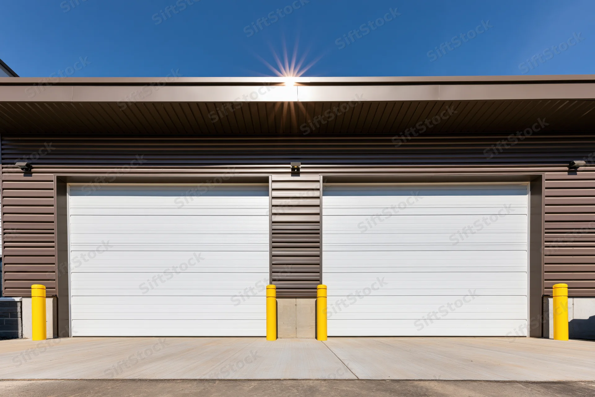 Exterior facade of a commercial industrial building with two white garage doors and yellow bollards under a clear blue sky