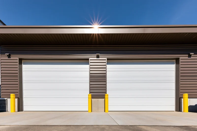 Exterior facade of a commercial industrial building with two white garage doors and yellow bollards under a clear blue sky