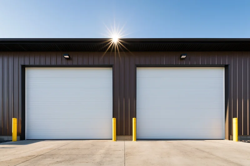 Exterior of a commercial industrial building with two white garage doors under a clear blue sky