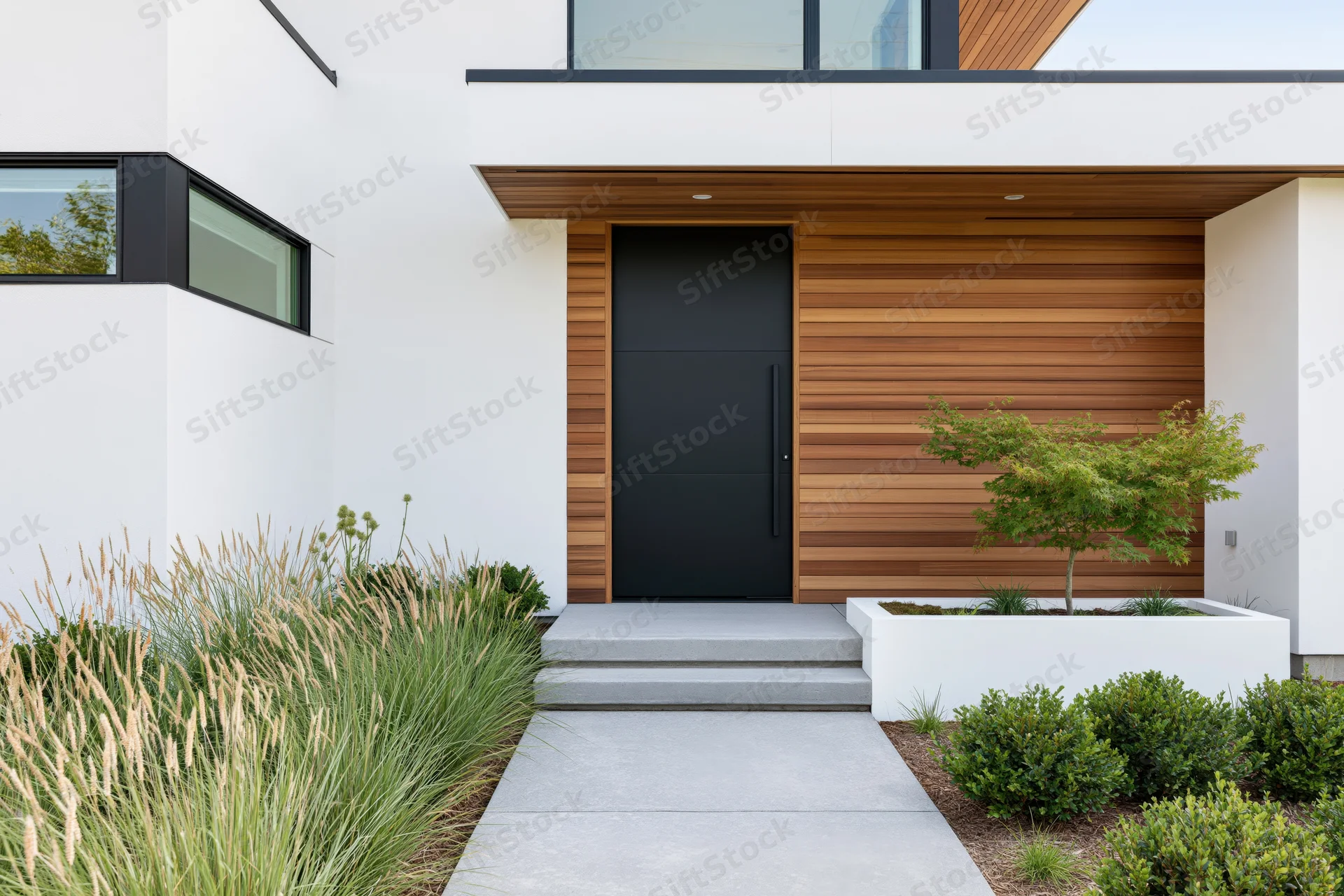 Modern house front entrance with black door and wood siding surrounded by landscaping
