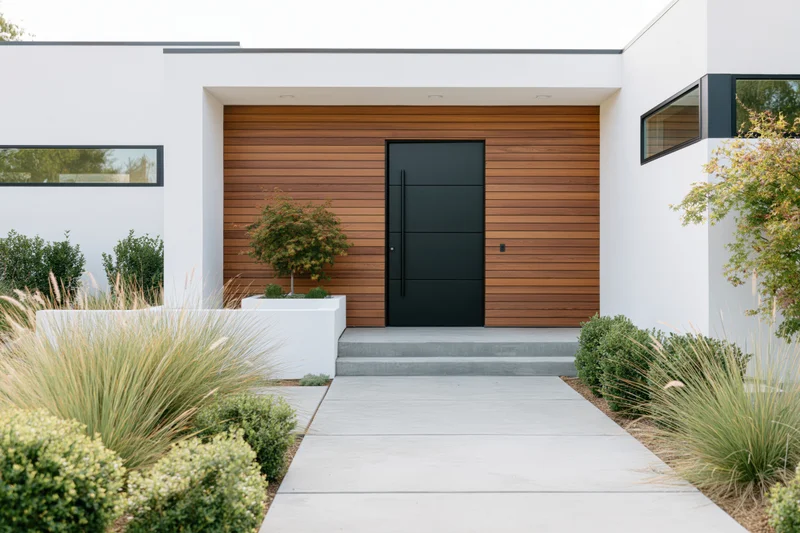 Modern house front entrance with black door and wood siding flanked by landscaping and concrete pathway
