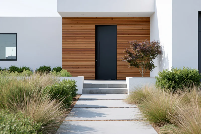 Modern house front entrance with black door and wood siding, concrete pathway leading to steps, surrounded by landscaping and shrubs