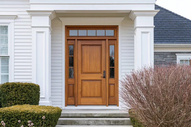 Wooden front door with glass panels and white trim on a suburban house porch