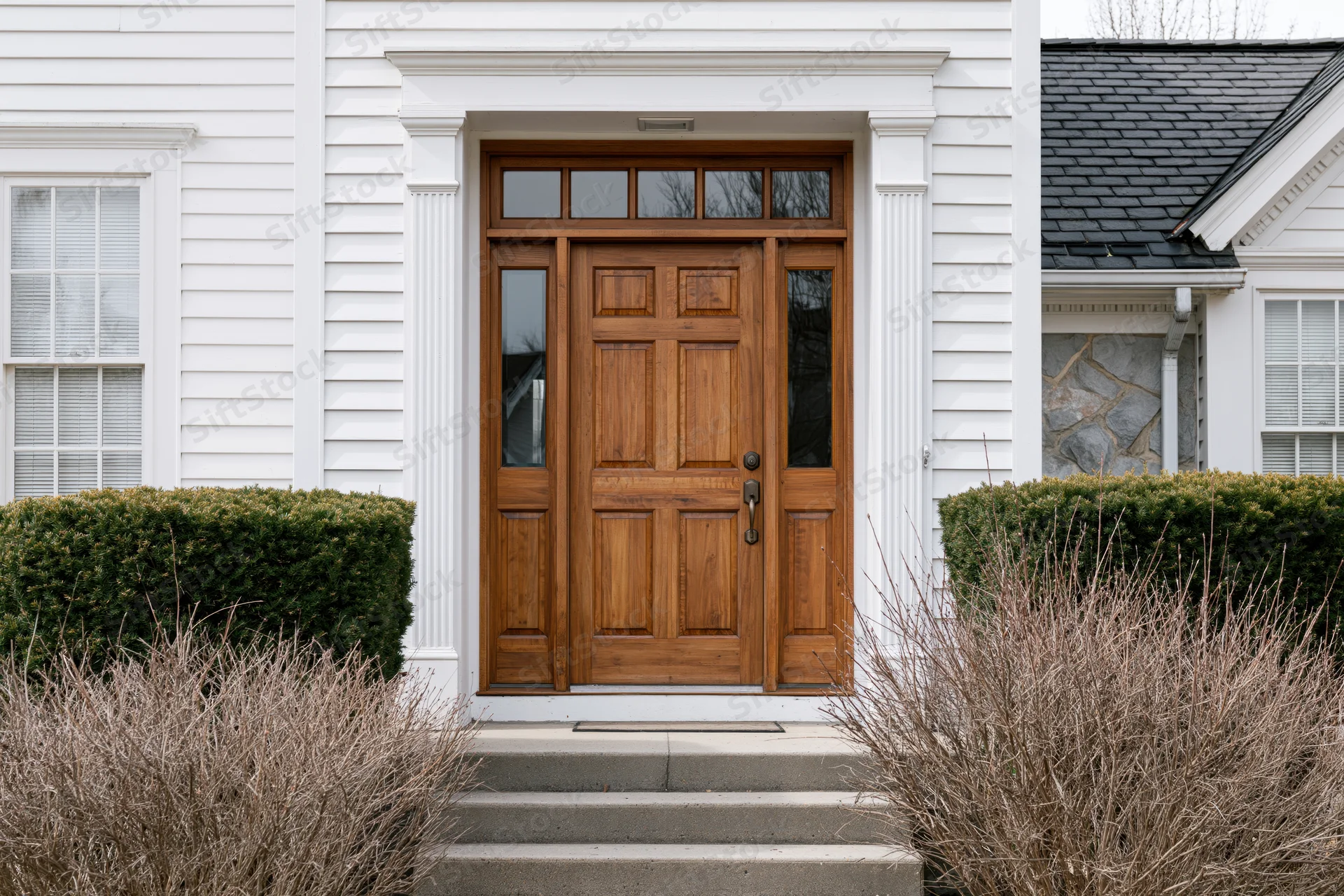 Wooden front door with sidelights and transom on a white suburban house entrance with steps and shrubs