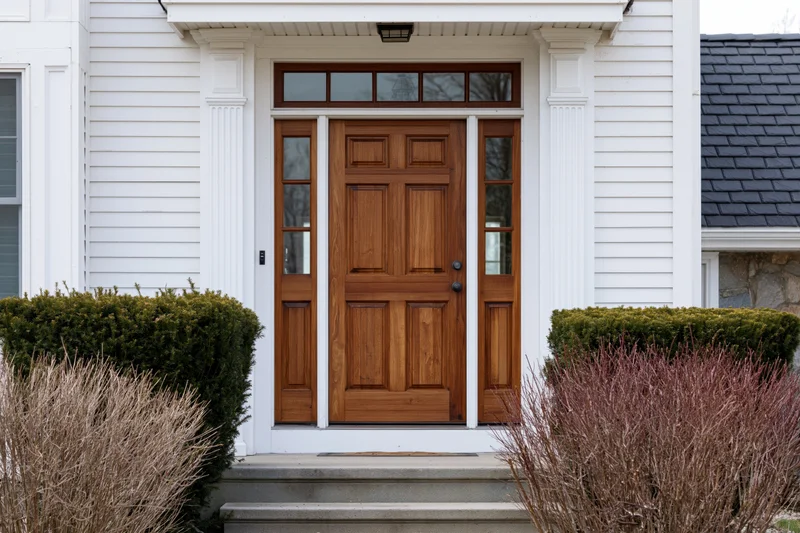 Wooden front door with sidelights and transom on a white suburban house with steps and shrubs