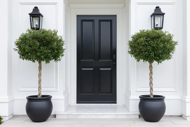 Black front door of an upscale home flanked by potted topiary trees and wall lanterns on a white facade