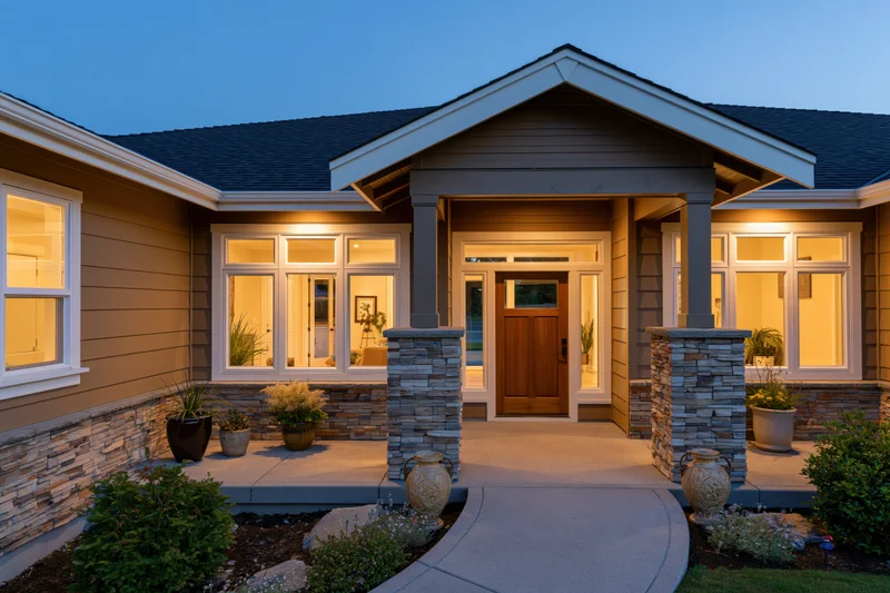 Modern craftsman home front entrance at dusk with illuminated porch and stone columns