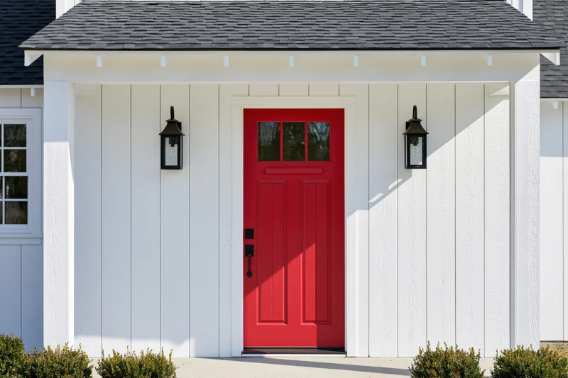 Red front door on white farmhouse-style house with black lantern lights and porch overhang
