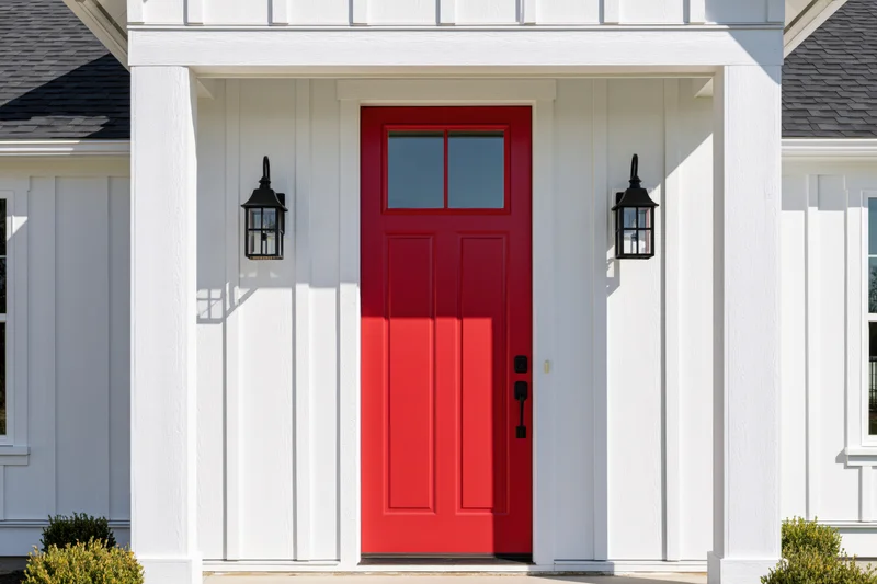 Red front door on white farmhouse-style house with porch columns and lantern lights