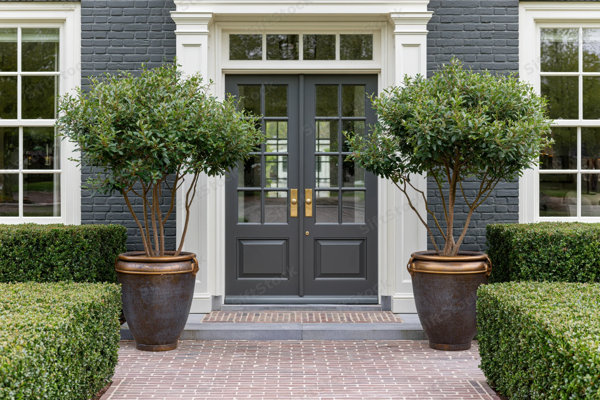 Double gray front door with copper planters and topiary trees on a brick pathway flanked by hedges