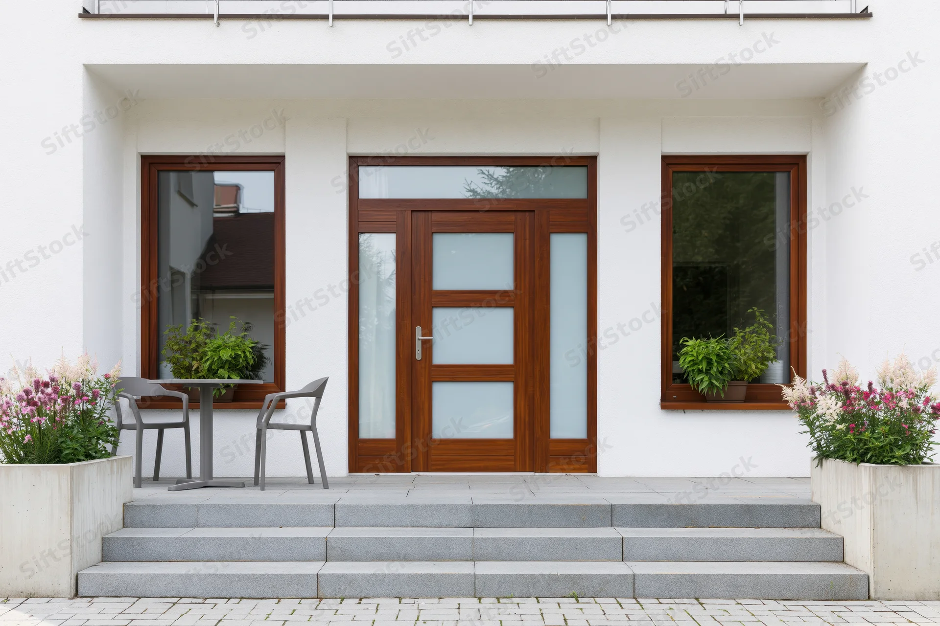 Modern home entrance with wooden door and glass panels, flanked by windows and flower planters on a concrete porch with steps