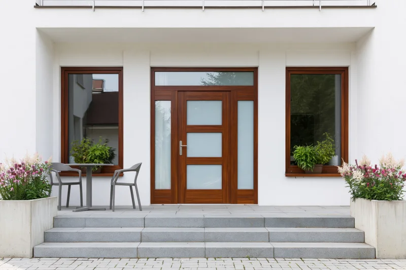 Modern home entrance with wooden door and glass panels, flanked by windows and flower planters on a concrete porch with steps