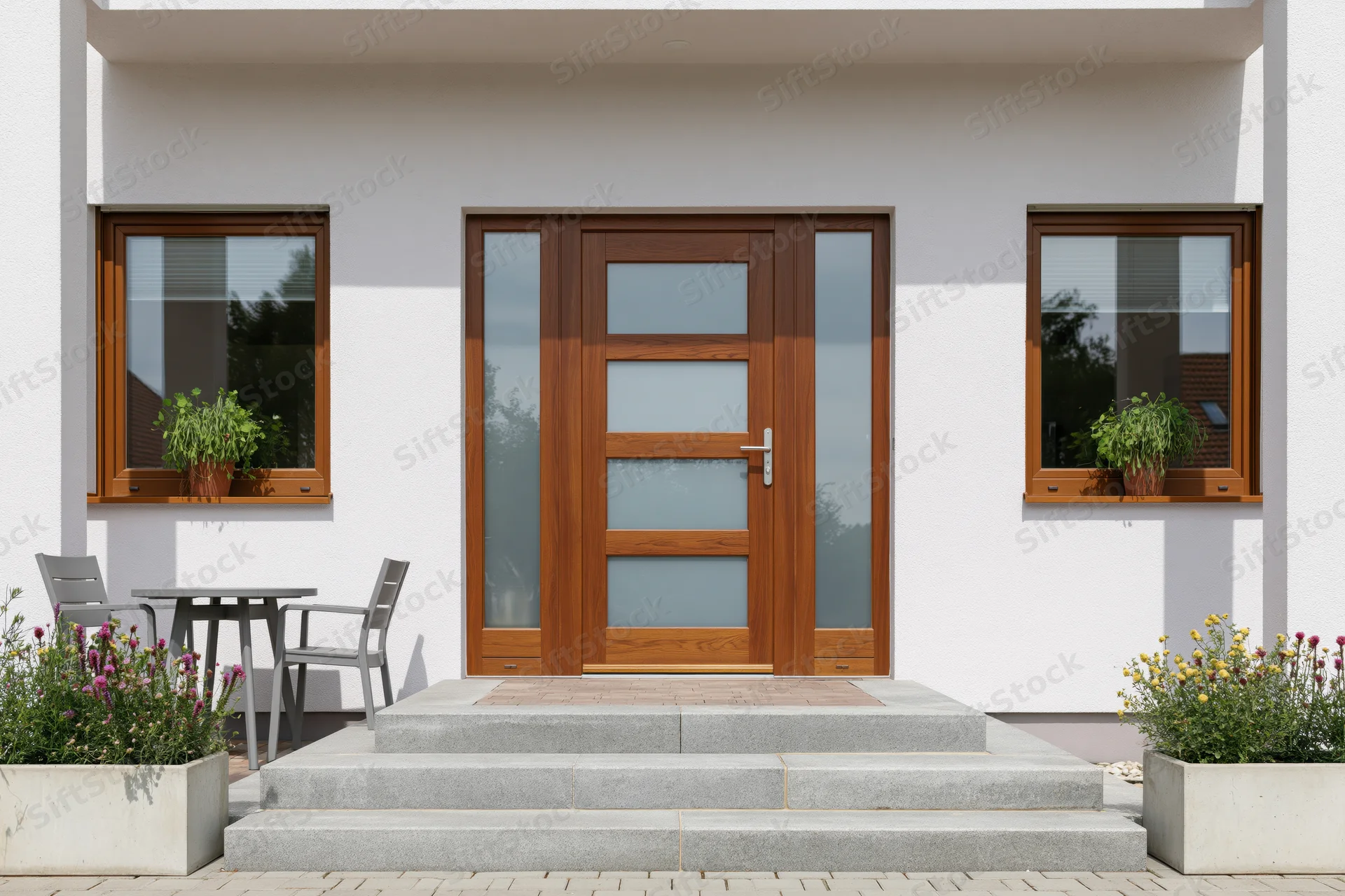 Modern home entrance with wooden glass door and steps leading to porch flanked by windows and potted plants