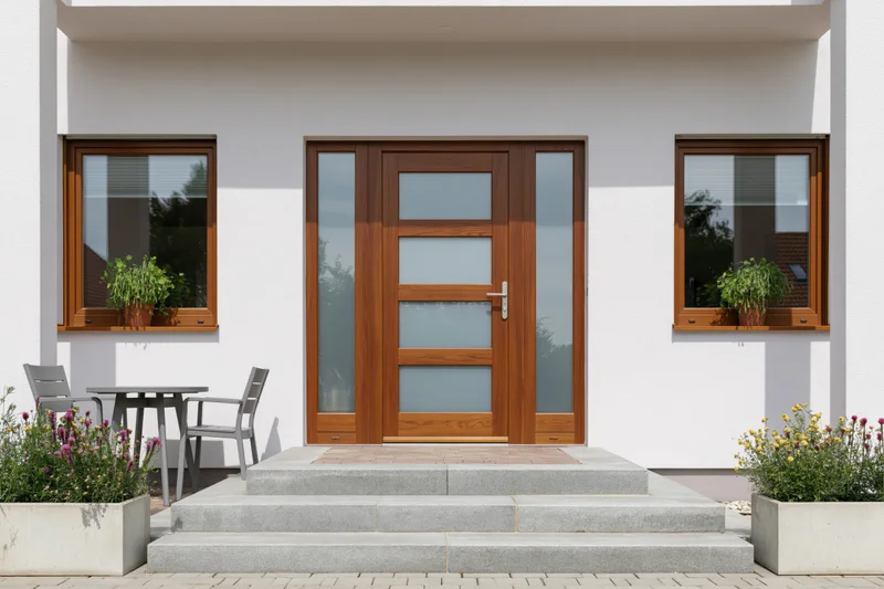Modern home entrance with wooden glass door and steps leading to porch flanked by windows and potted plants