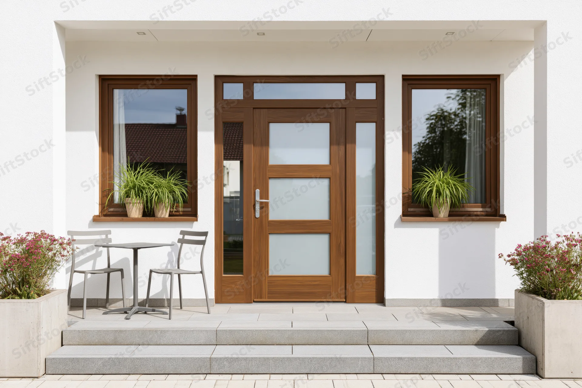 Modern home entrance with wooden door and glass panels, flanked by windows and potted plants on a white facade