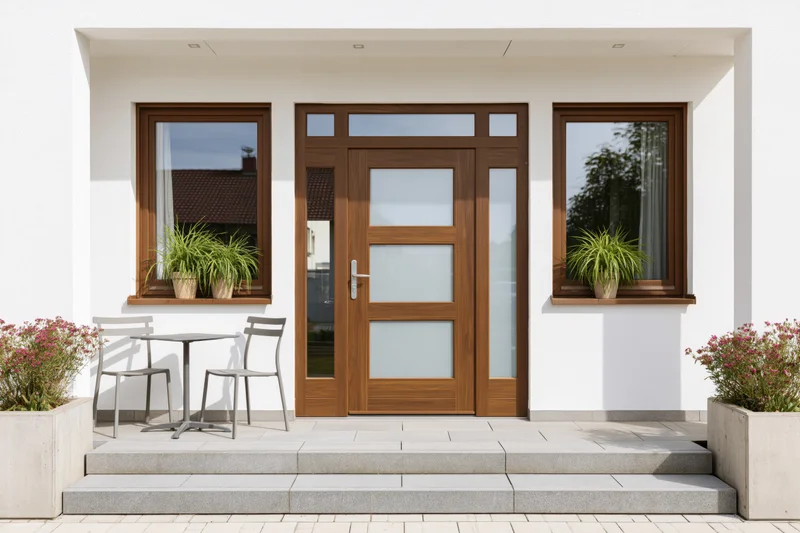 Modern home entrance with wooden door and glass panels, flanked by windows and potted plants on a white facade